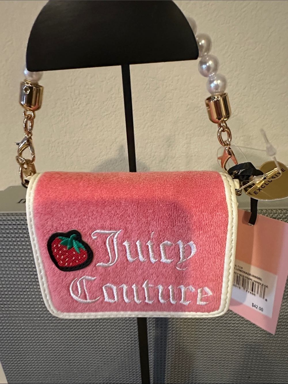 Juicy Couture Pink Velvet Mini Crossbody with Strawberry Patch